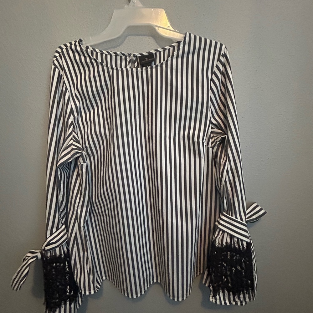 Worthington Black and White Striped Blouse with Lace Cuffs